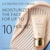 A tube of Clé de Peau Beauté UV Protective Cream sitting on a swirl of the cream. Text on the image advertises "UV PROTECTIVE CREAM MOISTURIZES THE FACE FOR UP TO 10 HOURS*" and "*Clinically tested by 27 women."