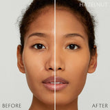 Split-screen close-up of a woman's face comparing results labeled "Before" and "After." The left side shows natural skin texture, while the right side displays a smoother, more even complexion.