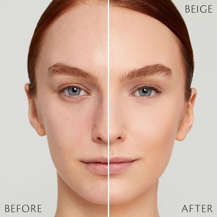 Split-screen close-up of a woman's face comparing results labeled "Before" and "After." The left side shows natural skin texture, while the right side displays a smoother, more even complexion.