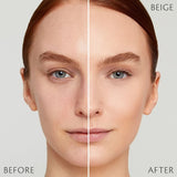 Split-screen close-up of a woman's face comparing results labeled "Before" and "After." The left side shows natural skin texture, while the right side displays a smoother, more even complexion.