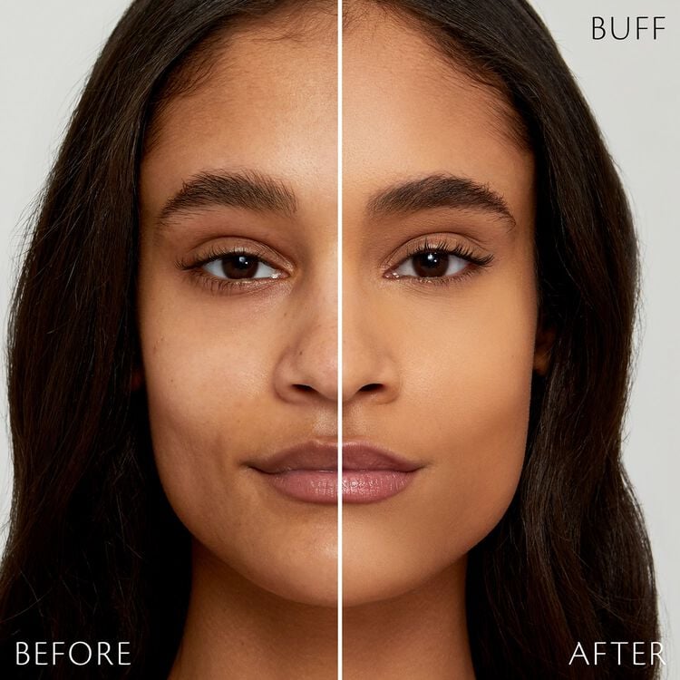 Split-screen close-up of a woman's face comparing results labeled "Before" and "After." The left side shows natural skin texture, while the right side displays a smoother, more even complexion.