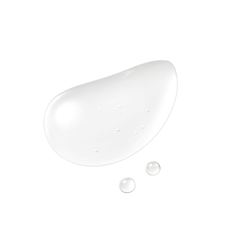 A large, clear, tear-shaped drop of liquid with small bubbles inside, and two smaller clear drops below it, all on a white background.