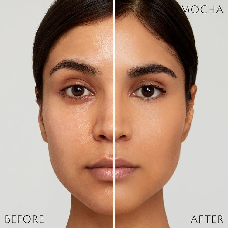 Split-screen close-up of a woman's face comparing results labeled "Before" and "After." The left side shows natural skin texture, while the right side displays a smoother, more even complexion.