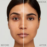 Split-screen close-up of a woman's face comparing results labeled "Before" and "After." The left side shows natural skin texture, while the right side displays a smoother, more even complexion.