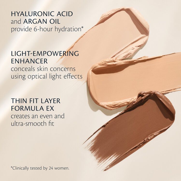 Light, medium, and deep makeup swatches with key ingredients highlighted: Hyaluronic Acid to plump skin and improve moisture; Castor Seed Oil to soothe and act as an anti-inflammatory; and Gotu Kola Extract to aid collagen production.