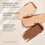 Light, medium, and deep makeup swatches with key ingredients highlighted: Hyaluronic Acid to plump skin and improve moisture; Castor Seed Oil to soothe and act as an anti-inflammatory; and Gotu Kola Extract to aid collagen production.