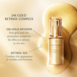 Close-up of Clé de Peau Beauté Precious Gold Vitality Serum in a gold bottle set in golden liquid, highlighting the 24K Gold Retinol Complex with 24K Gold Infusion and Retinol ACE.