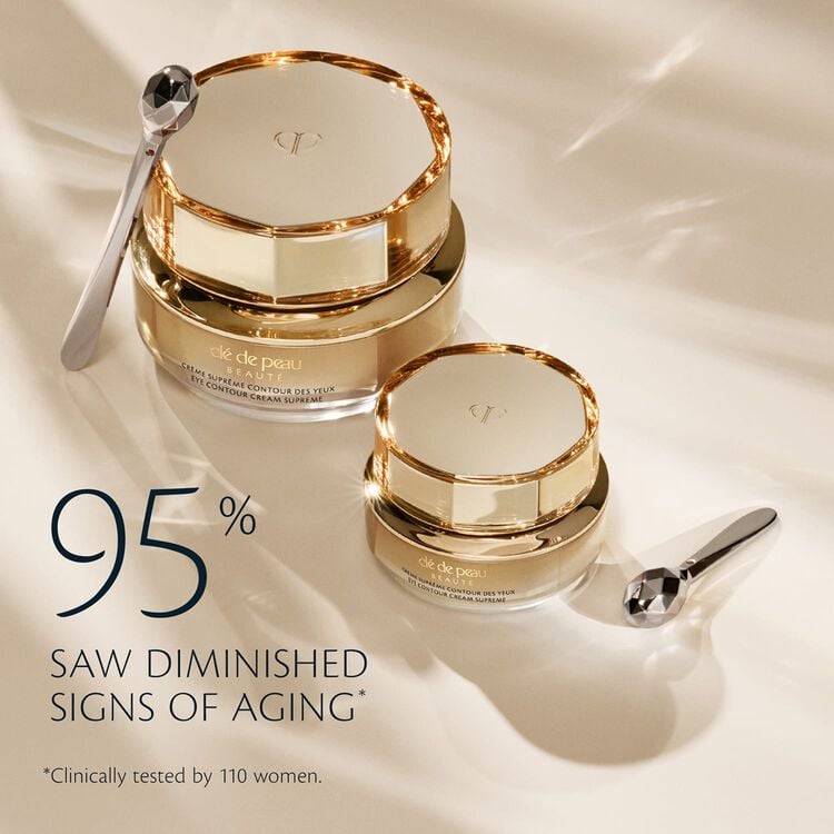 Two luxurious gold and glass jar of Clé de Peau Beauté Eye Contour Cream Supreme in 15ml and 6ml with a silver, faceted applicator spoon resting against it, with text 95% saw diminished signs of aging.