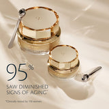 Two luxurious gold and glass jar of Clé de Peau Beauté Eye Contour Cream Supreme in 15ml and 6ml with a silver, faceted applicator spoon resting against it, with text 95% saw diminished signs of aging.
