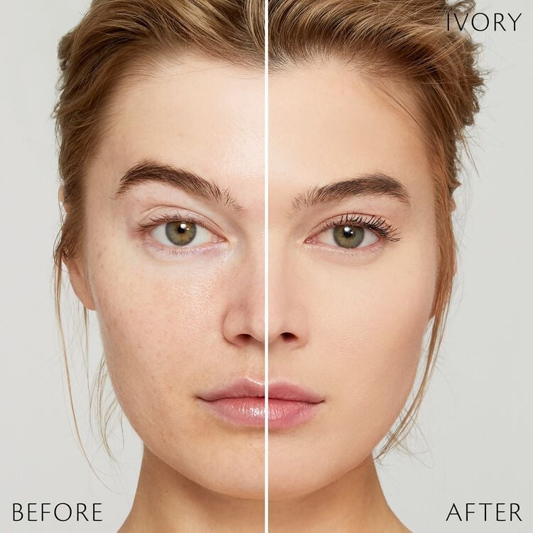 Split-screen close-up of a woman's face comparing results labeled "Before" and "After." The left side shows natural skin texture, while the right side displays a smoother, more even complexion.