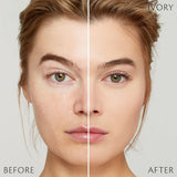 Split-screen close-up of a woman's face comparing results labeled "Before" and "After." The left side shows natural skin texture, while the right side displays a smoother, more even complexion.