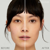 Split-screen close-up of a woman's face comparing results labeled "Before" and "After." The left side shows natural skin texture, while the right side displays a smoother, more even complexion.