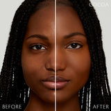 Split-screen close-up of a woman's face comparing results labeled "Before" and "After." The left side shows natural skin texture, while the right side displays a smoother, more even complexion.