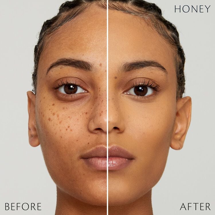 Split-screen close-up of a woman's face comparing results labeled "Before" and "After." The left side shows natural skin texture, while the right side displays a smoother, more even complexion.