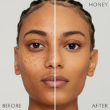 Split-screen close-up of a woman's face comparing results labeled "Before" and "After." The left side shows natural skin texture, while the right side displays a smoother, more even complexion.
