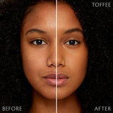 Split-screen close-up of a woman's face comparing results labeled "Before" and "After." The left side shows natural skin texture, while the right side displays a smoother, more even complexion.
