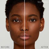 Split-screen close-up of a woman's face comparing results labeled "Before" and "After." The left side shows natural skin texture, while the right side displays a smoother, more even complexion.