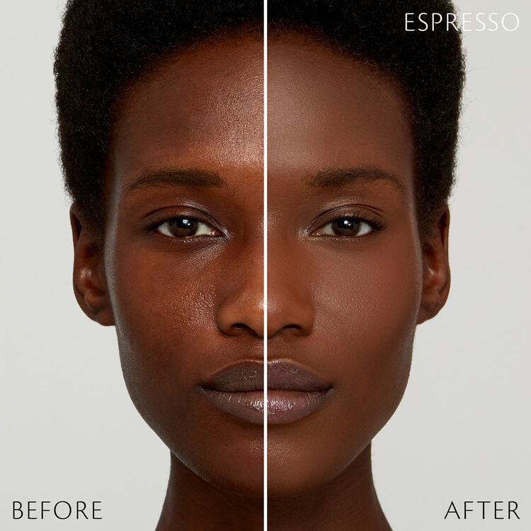 Split-screen close-up of a woman's face comparing results labeled "Before" and "After." The left side shows natural skin texture, while the right side displays a smoother, more even complexion.