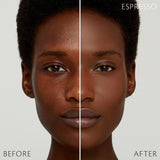 Split-screen close-up of a woman's face comparing results labeled "Before" and "After." The left side shows natural skin texture, while the right side displays a smoother, more even complexion.