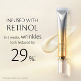 A metallic gold-and-silver tube of skincare cream standing upright against a soft beige background, with a glossy, cream-like swirl behind it. Text reads "Infused with Retinol. In 2 weeks, wrinkles look reduced by 29%*. *Clinically tested by 34 women."