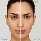 Split-screen close-up of a woman's face comparing results labeled "Before" and "After." The left side shows natural skin texture, while the right side displays a smoother, more even complexion.